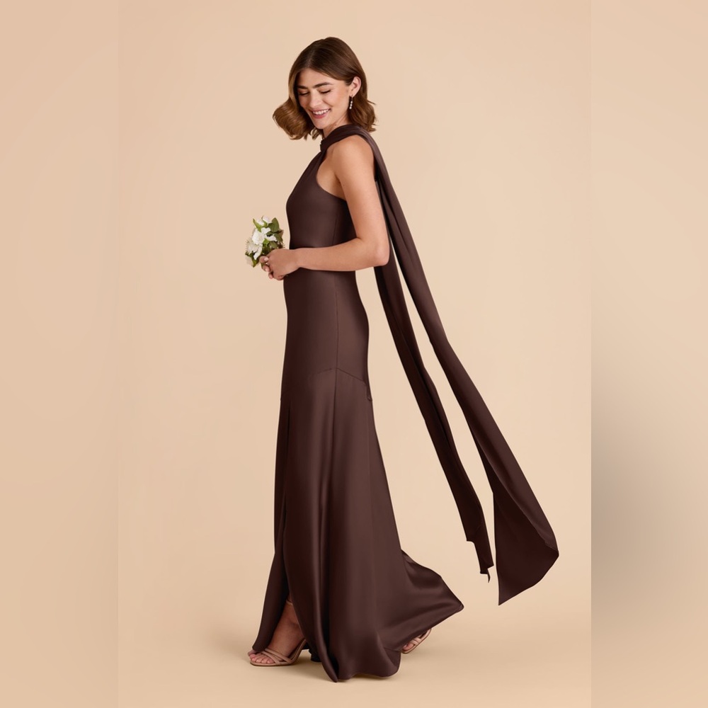 Birdie Grey Chocolate Brown Eileen Maxi Satin Bridesmaid Dress High Neck Scarf